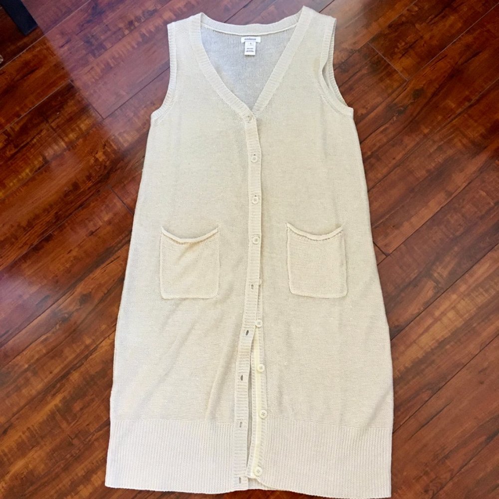 Linen Open Weave Long V-neck Button-front Sweater Vest